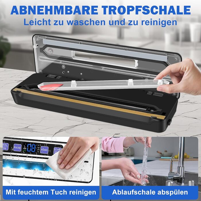 Вакуумний упаковник KLGFI 7-в-1: професійний, з подвійною зварювальною лінією, з різаком та цифровим таймером, комплект з 50 пакетами, срільно-чорний