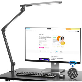 AmazLit Adjustable LED Desk Lamp with Remote - 12W Dual Light Source Architect Lamp, Dimmable & Adjustable Color Temperature Clamp Desk Lamp for Office