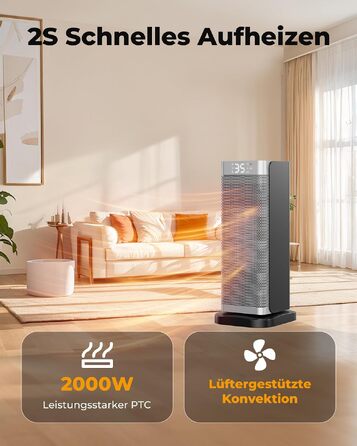 Керамічний електричний обігрівач повітря 2000W з дистанційним керуванням, ECO-режимом, таймером на 12г та поворотом 70°, сріблястий
