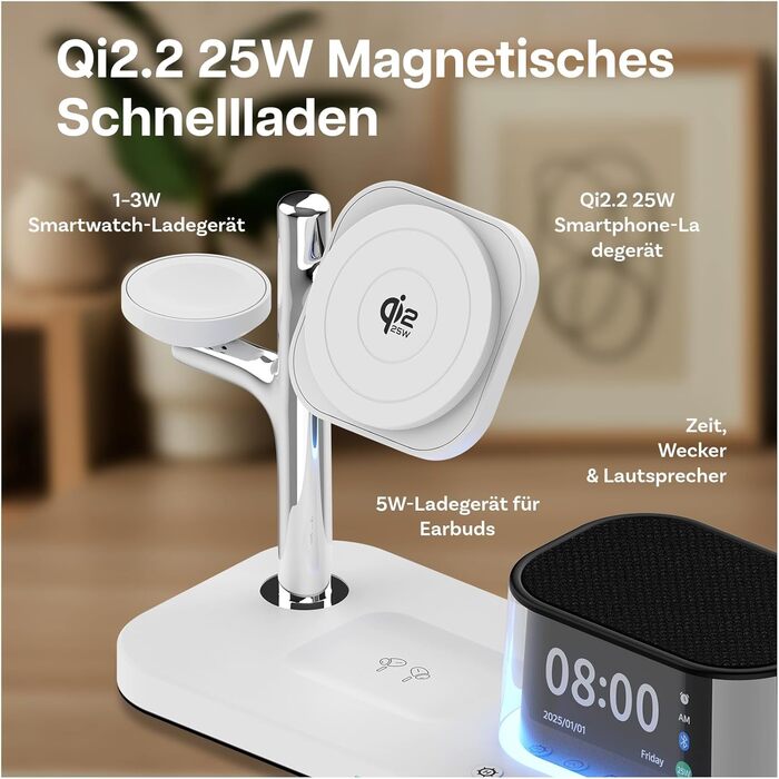 Бездротова зарядна станція 5-в-1 MMOBIEL MagSafe Qi2.2 25W з годинником, Bluetooth-колонкою та нічником LED (біла) для iPhone, Apple Watch, AirPods