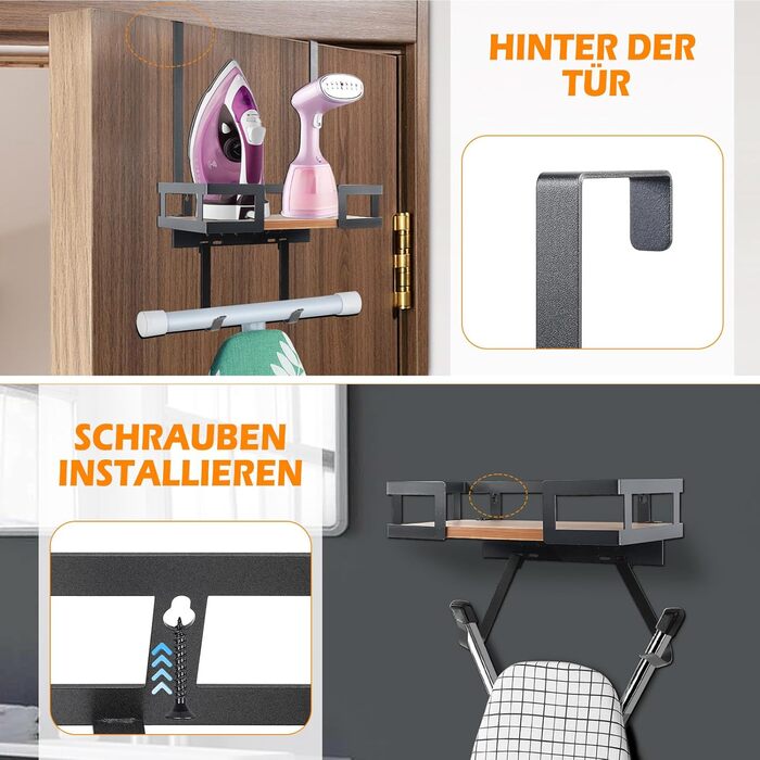 Настінний тримач для прасувальної дошки з металевим кошиком та знімними гачками, для T- та V-подібних дошок, над дверима