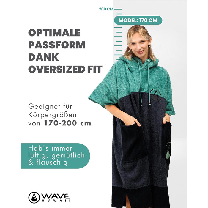 WAVE HAWAII Bathrobe Poncho for Women & Men | Size L, 170-200cm | 100% Cotton Surf Poncho | Velour & Terry Cloth Towel with High Water Absorption | Changing Aid for Adult Beachgoers