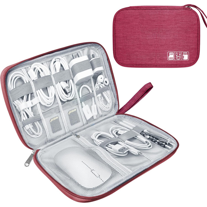 Органайзер для кабелів та аксесуарів для подорожей: кейс для кабелів, зарядних пристроїв, SD-карт та іншої електроніки (A-wine, червоний)