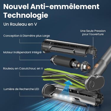 Акумуляторний пилосос Dzaki 45KPa бездротовий без мішка з дисплеєм, антизаплутана щітка, час роботи 55 хв, знімний акумулятор, для твердих поверхонь, шерсті тварин, килимів, авто (Золотистий сірий)