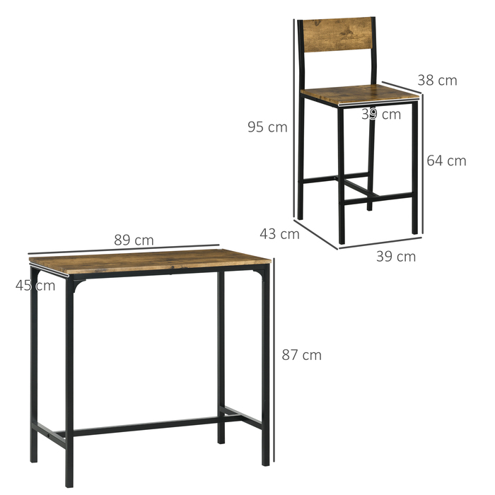 HOMCOM 3-Piece Bar Set with Standing Table and 2 Stools - MDF, Metal Frame, Weatherproof, Brown