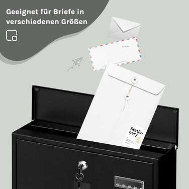 Поштовий ящик WOLTU з газетницею та вікном, персоналізований, замиканий, з 2 ключами, сучасний, 37x37x10.5 см, чорний