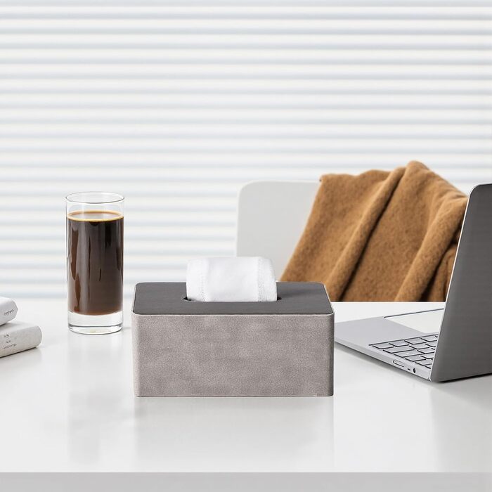 Скляниця для серветок з PU-шкіри, квадратна, сірого кольору з імітацією дерева, 25x14x10 см. Підходить для дому, ванної кімнати, вітальні, спальні, авто та офісу
