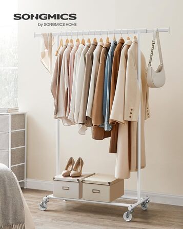 SONGMICS Вішалка для одягу на колесах, важкий, висувна штанга, до 100 кг, білий HSR013W01
