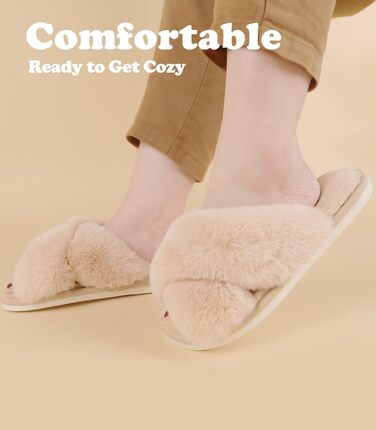 Тапочки жіночі Ankis з плюшу з перехресними ремінцями, теплі зимові тапочки з меморі-піною, відкриті пальці, пухнасті тапочки для дому та вулиці (білий, чорний, сірий, верблюжий) (36/37 EU)