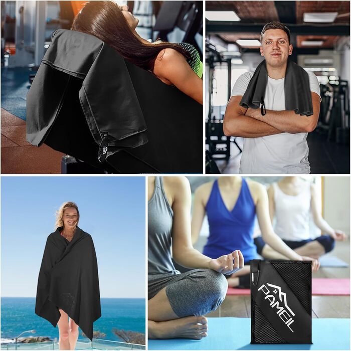 Набір рушників з мікрофібри Pameil (3 шт.): великий (160x80 см) + 2 маленькі (80x40 см), швидковисихаючі, для подорожей, фітнесу, сауни (чорний)