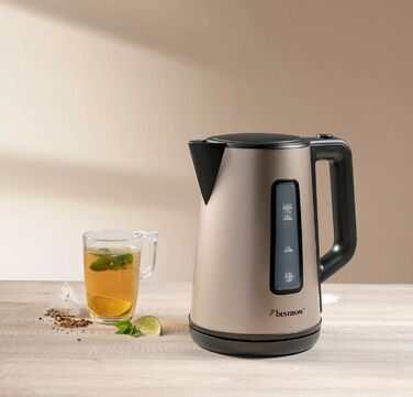 Bestron Electric Kettle with 360° Swivel Base, Auto Shut-Off & Boil-Dry Protection, 1.7L Capacity, 2200W, Black/Wood (Light Beige)