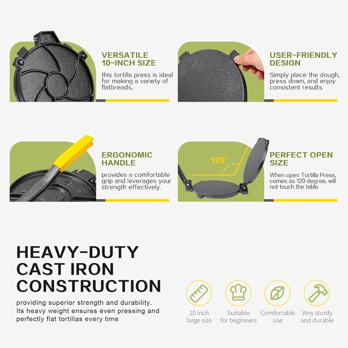 Пресс для тортилій Vivicreate з чавуну, 25,4 см. Прес для тіста, прес для тортилій з антиковзким покриттям, сірий (жовтий)