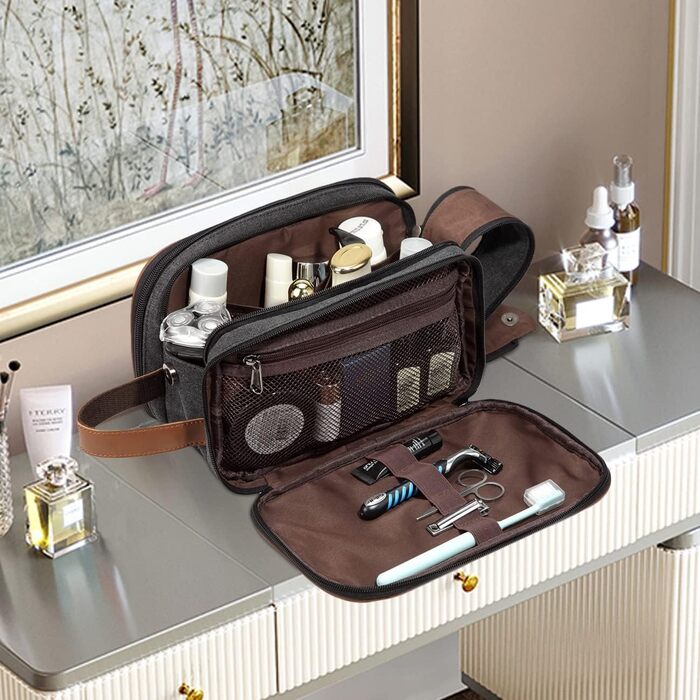 KASGO Toiletry Bag for Men and Women - Large Travel Toiletry Bag, Water-Resistant Cosmetic Bag with 3 Compartments and Leather Holder, for Bathroom, Gym, and Travel, Dark Grey