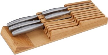 Relaxdays Knife Block Drawer, for 9 Knives & Honing Steel, Bamboo Knife Block Lying, HxWxD: 5.5 x 13 x 40 cm, natural