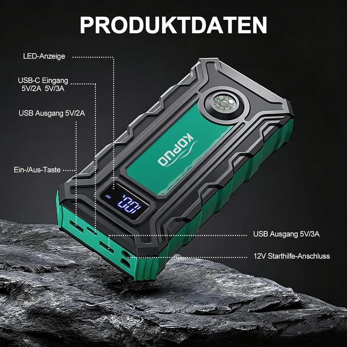 Бустер для автомобіля 7000A Jump Starter Powerbank 12V для бензинових (до 8л) та дизельних (до 6.5л) двигунів з LED-ліхтарем та набором аксесуарів (Блакитно-зелений)