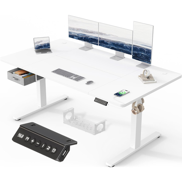 Регульований стіл Devoko 160x80 см з ящиками, USB-порт, органайзер для кабелів, стіл для стоячи роботи з пам'яттю