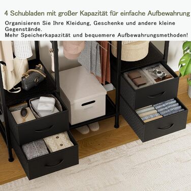 Відкрита шафа для одягу, вішалка для одягу, гардеробна стійка з 4 шухлядами, стабільна вішалка для спальні, вітальні, передпокою (Чорний)