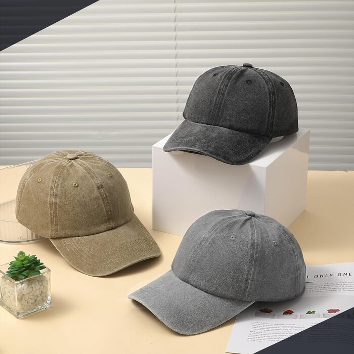3 бейсболки для чоловіків та жінок, регульовані, бавовна, бейсболка, вінтаж, унісекс, сонцезахисний капелюх, спортивна кепка для активного відпочинку, подорожей (55-60, чорний, світло-сірий, хакі)