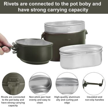 Набір посуду Bundeswehr: термостійкий, для кемпінгу, приготування їжі на відкритому повітрі, з алюмінію, для виживання, армійського користування. Включає столові прибори з відкидним ручками.