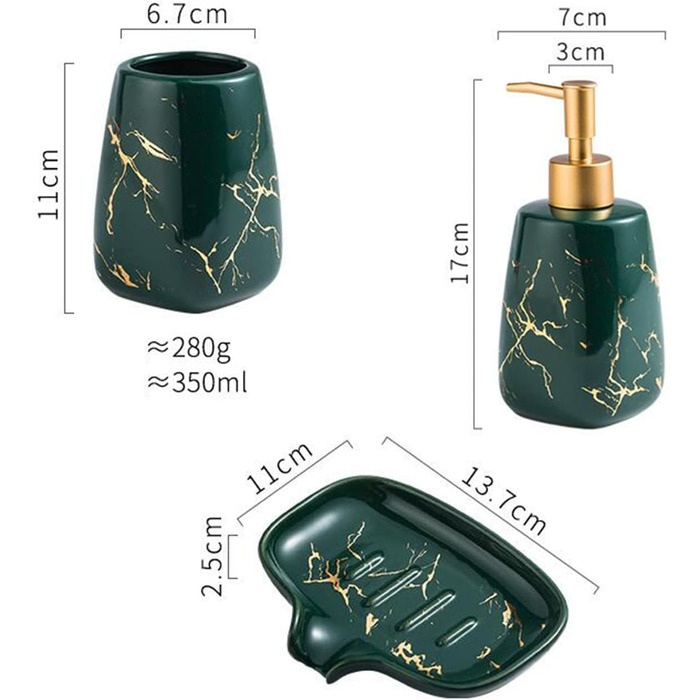 Набір аксесуарів для ванної кімнати: дозатор мила, мильниця, 2 стаканчика для зубних щіток (сірий, з малюнком мармуру)