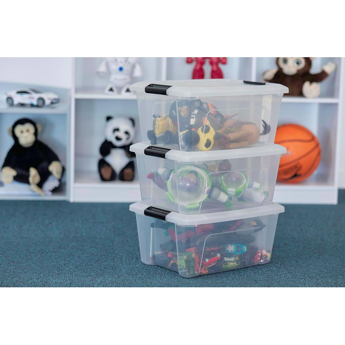 Iris Ohyama Storage Boxes with Lids, 60L, 4-Piece Set, Silver, Secure Closure, Stackable, Handles, for Bedroom, Closet, Office, Organization, BPA-Free Plastic, Storage Boxes, NTB-60 (Black, 15L/3-Piece Set)