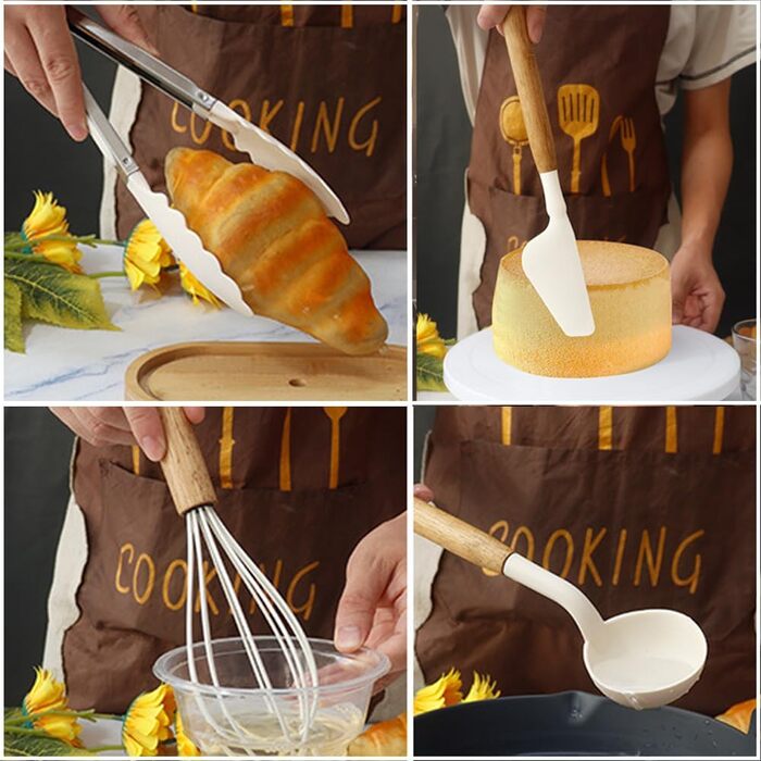 Набір кухонних помічників 12 шт. з силікону з дерев'яними ручками: лопатки, ложки, щипці. Кухонне приладдя, стійке до високих температур, антипригарне покриття.