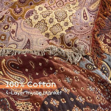 Богемна ковдра Boho Decke 100% бавовна – двостороння муслінова ковдра 150x200 см, м'яка ковдра для дивана та покривало на ліжко, естетичний дизайн, ідеально підходить для вітальні та спальні, помаранчевий/зелений (230 x 250 см, візерунок пає)