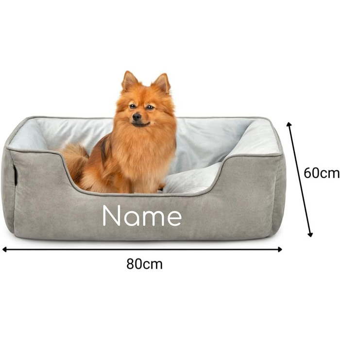 Ліжко для собак Lionto 2-в-1 з комфортним входом, м'яке лежання для домашніх тварин, підходить для собак та котів, 80x60 см, подушка для собак з легкою у догляді оксамитовою обробкою, сірий колір (Д 80 x Ш 60 x В 26 см (з нанесенням імені), Темно-сірий/Св