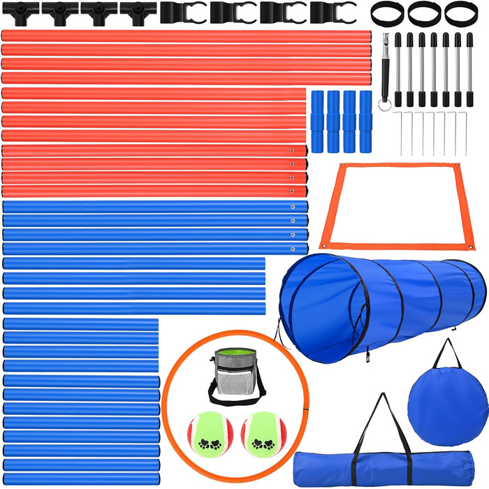 Набір для аджиліті для собак 70 елементів: 8 шлагбаумів, стрибкова петля, м'яч, ящик для перерви, сумка для ласощів, переносна сумка. Розвиває інтелект.