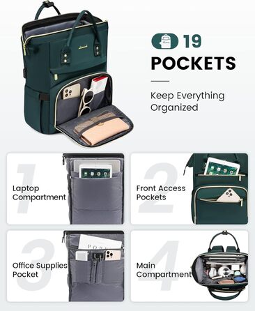 Рюкзак LOVEVOOK для жінок: водонепроникний, з USB-портом, 17' (15.6'), для навчання, роботи, подорожей, сірий/темно-зелений