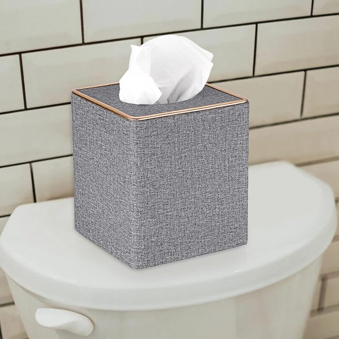 BTSKY Square Tissue Box Cover in Linen with Decorative Gold Line – Cube-Shaped Tissue Paper Holder, Tissue Storage, Organizer, Tissue Box Dispenser, Serviette Box, Gray