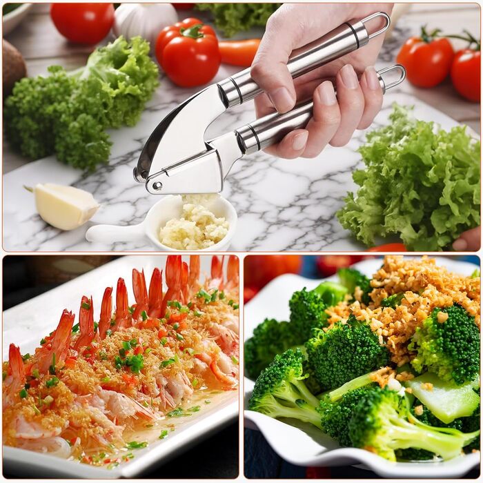 Прес для часнику з нержавіючої сталі Premium – 3 шт. (з очищувачем, щіткою для чищення, легко миється) для часнику та імбиру