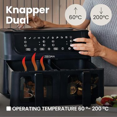 Фритюрниця з гарячим повітрям ZEEGMA KNAPPER DUAL, 1700 Вт, 2 відсіки, 9 л, таймер 60 хв, 11 програм, 60-200 °C, швидкий нагрів, сенсорне керування, чорний