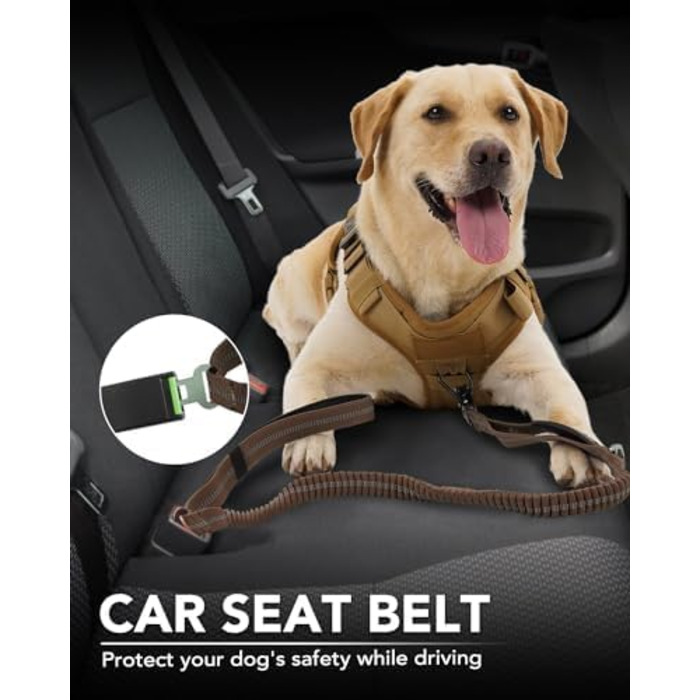 Тактична повідок для собак Joytale, еластична повідок з 2 м'якими ручками, страхувальний ремінь для автомобіля, повідок без натягу для собак середніх, великих та екстра-великих порід (1.2м-1.8м, коричнева)