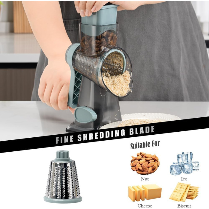 Ручна тертка для сиру та овочів Dreamhigh з ручкою, 3 змінні леза з нержавіючої сталі, ідеальна для сиру, овочів, горіхів та інших продуктів, білий (блакитний)