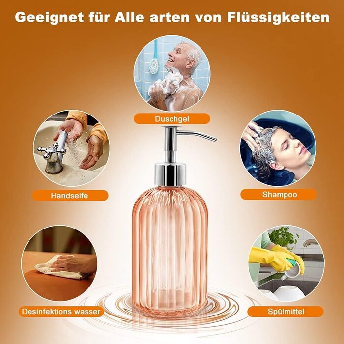 Набір з 2 скляних дозатори для мила з помпою, 400 мл, для мила, шампуню, лосьйону, багаторазові, для кухні, ванної, пральні (бурштиновий)