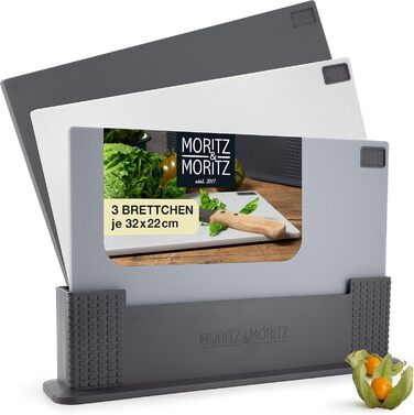 Moritz & Moritz 3x Cutting Board Set - 32 x 22 cm - In a Practical Stand – Large Kitchen Board – Dishwasher-Safe and Hygienic