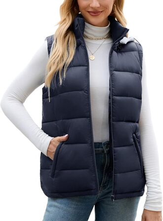 Ванкаву Степледік з капюшоном, короткий зимовий жилет, повсякденний, без рукавів, куртка (темно-синій, S)