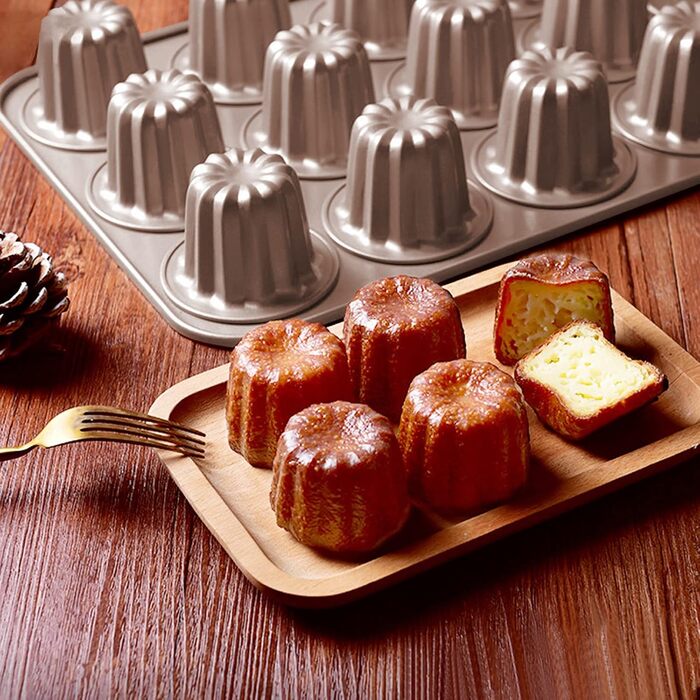 Canele Backform Mini Bordelais Canelé Backforms, Canelé Baking Molds, Bordeaux Baking Mold, Jelly Mold, Muffin Mold, Baking Sheet, Non-Stick for Canelés, Muffins, Pudding, Cupcakes, Bread, Carbon Steel, 12 Cavities
