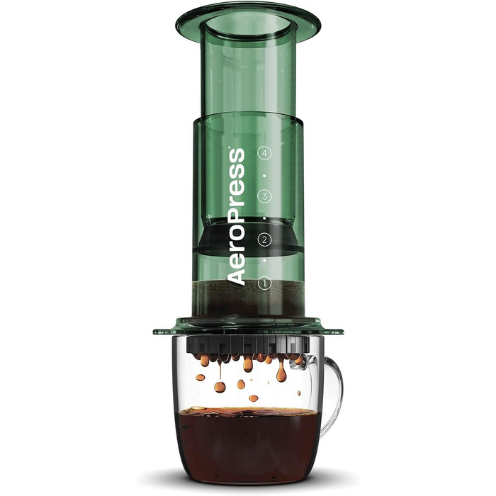 AeroPress Clear Coffee Press – 3-in-1 Coffee Maker combines French Press, Pour Over & Espresso – Full-bodied Coffee without Bitterness – Portable Mini Coffee Maker for Travel, Transparent (Standard, Green)