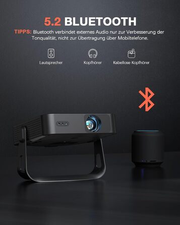 Проектор VOPLLS Mini Beamer 1080P Full HD 4K з автофокусом, корекцією трапецеїдальних спотворень, WiFi6, Bluetooth, 23000 люмен, 360° обертання, для домашнього кінотеатру та мобільних пристроїв