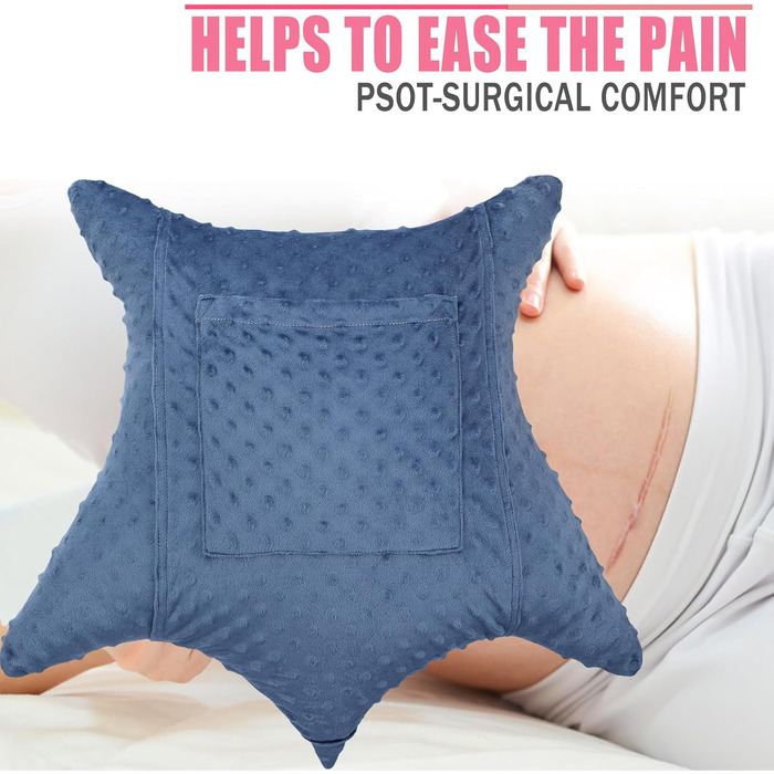 BNRendles Star-Shaped Hysterectomy Pillow for Abdominal Surgery with 2 Pockets, Hysterectomy Pillow, a Must-Have for Recovery, Post-Operation Gift, Abdominal Support Pillow, Minky Dot Denim Blue