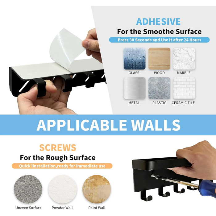 Настінна вішалка для ключів GTK з підносом та 6 гачками, чорна. Організатор для ключів та пошти