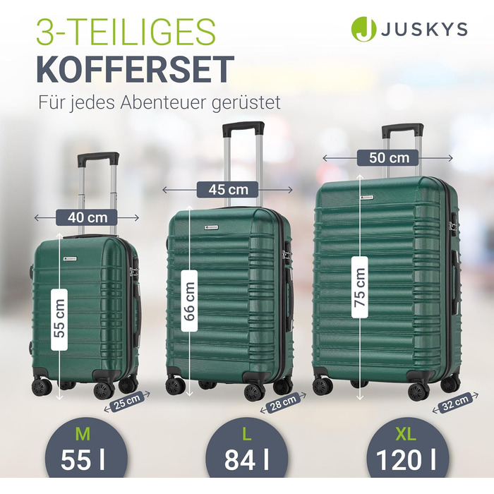 Набір валіз Juskys® Hartschale 4 шт. з кодовим замком, тихі колеса 360°, телескопічна ручка, легкий, зелений (3 шт.)