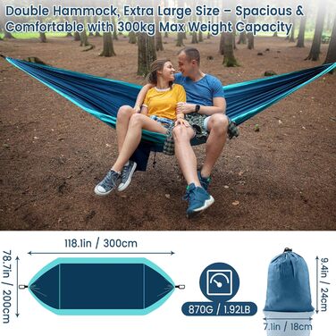 Гамак для двох осіб XXL 300 x 200 см – Складаний, ультралегкий та портативний. Міцний гамак для відпочинку на природі (300 кг) – ідеально для саду, кемпінгу та подорожей (блакитний)