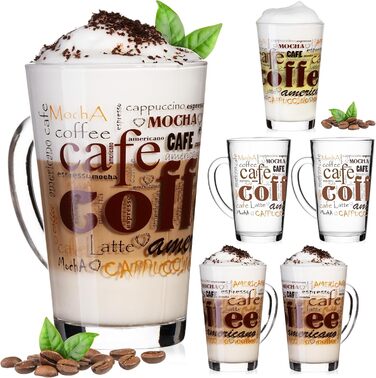 PLATINUX Coffee Glasses with Motif, max. 350ml, Set of 6, Glass Latte Macchiato Glasses with Handle, Cappuccino Glasses