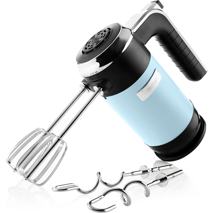 Westinghouse Retro Hand Mixer, 5 Speed Settings + Turbo Function, 2 Beaters, 2 Dough Hooks, LCD Display, Timer, Non-Slip Base, Storage Bag, 350 Watts, Light Blue