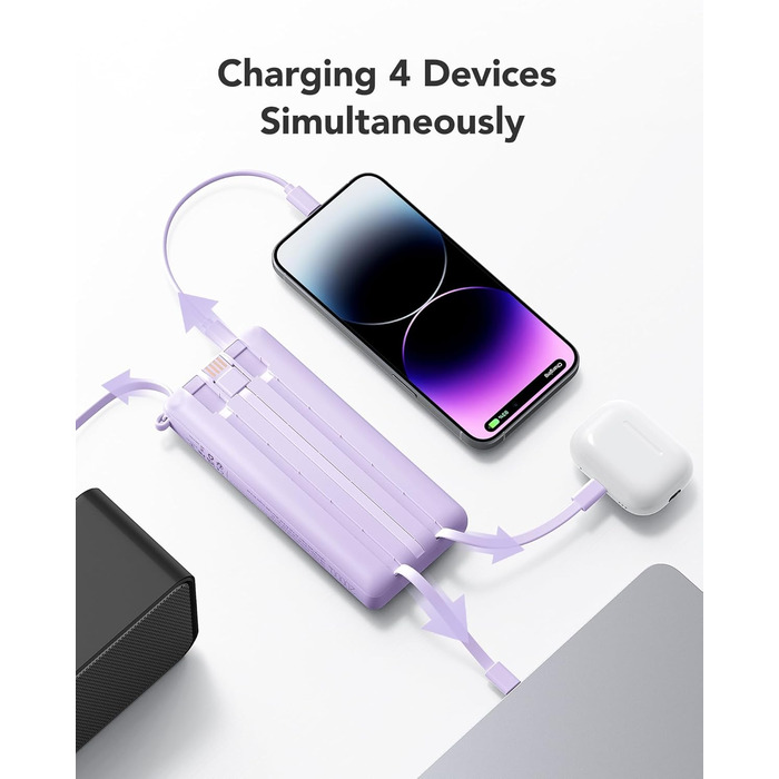 Power Bank VRURC 20000mAh з LED дисплеєм, 22,5W швидка зарядка USB-C, білий/фіолетовий