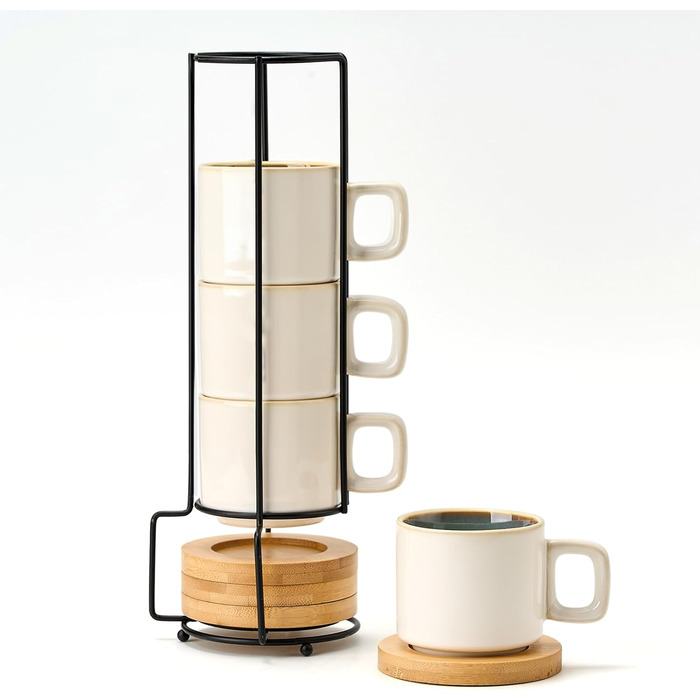 Набір чашок еспресо LUKA з блюдцем та металевою підставкою (4 шт.) - 100 мл, кераміка, мармуровий білий (біло-зелений)