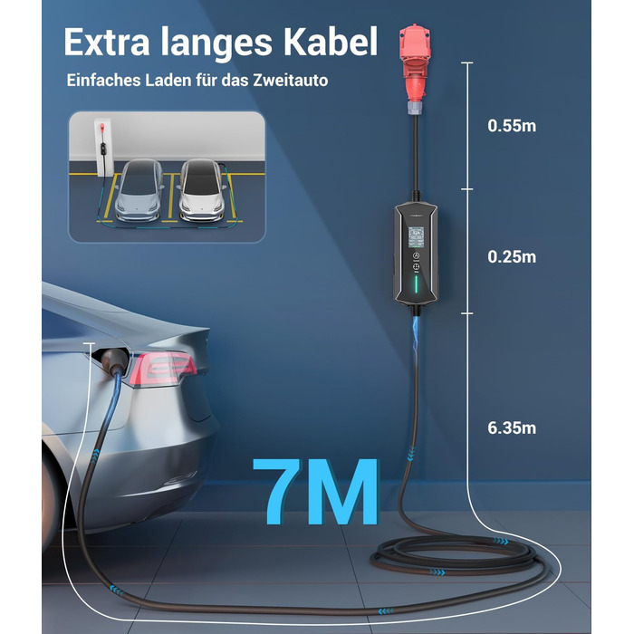 Портативний зарядний пристрій для електромобілів 22 кВт (7м) з LCD-дисплеєм, IP65, Schuko, 16A, для електромобілів та PHEV